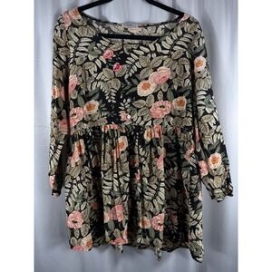 Flamingo Vintage Floral Print Long Sleeve Babydoll Tunic‎ Top Women's Size L